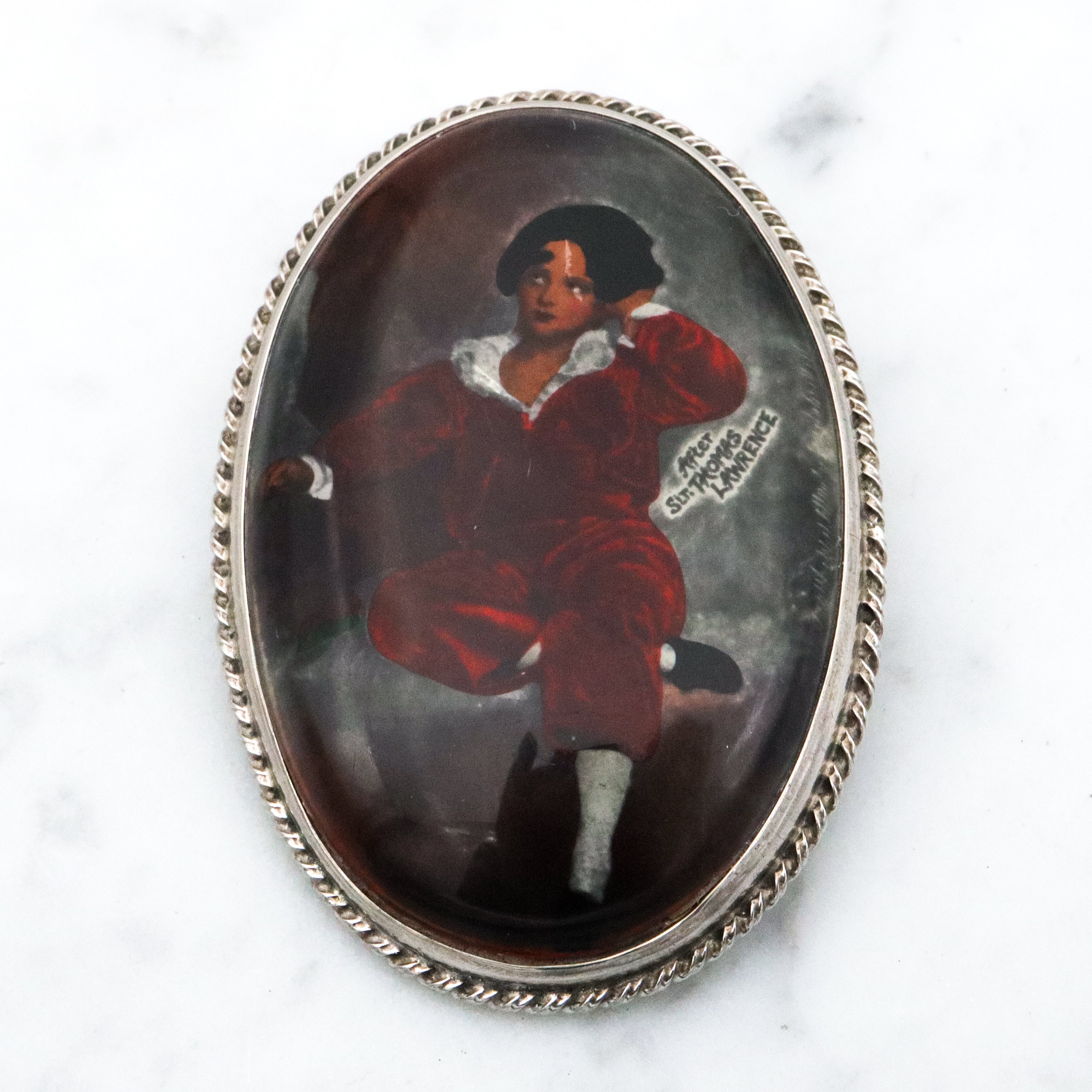 Antique sterling brooch with portrait of "The Red Boy" after Sir Thomas Lawrence